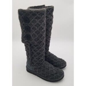 UGG Australia Lattice Chunky Knit Cardy Sweater Boot Tall Winter Gray Women's 7
